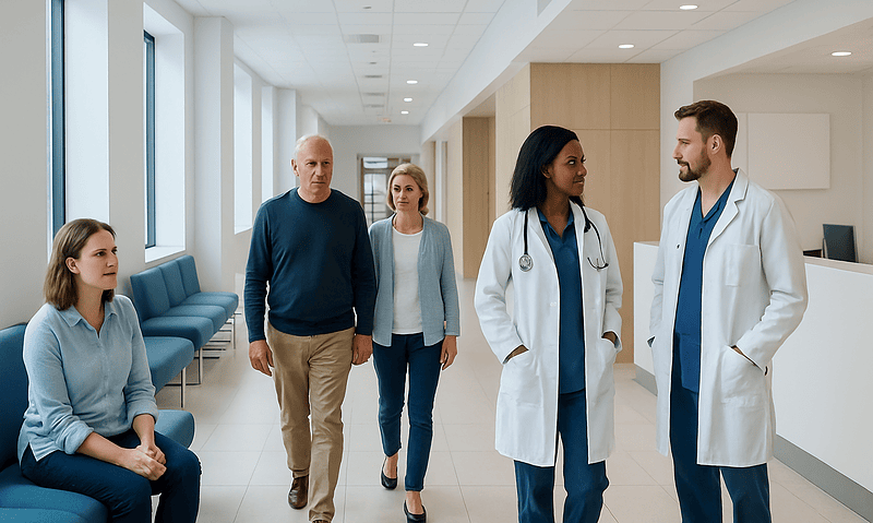 Medical team consulting with patients in a hospital corridor.