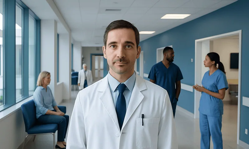 Brain Doctor Called What? A Patient Guide to Neurologists and Related Specialists 13 Doctor in hospital corridor with medical staff and patient in background.