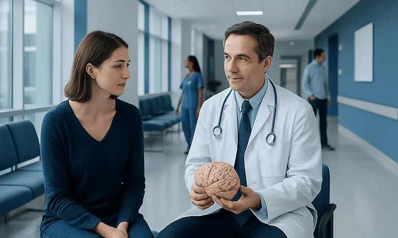 Doctor explaining brain health to a patient in a hospital corridor.