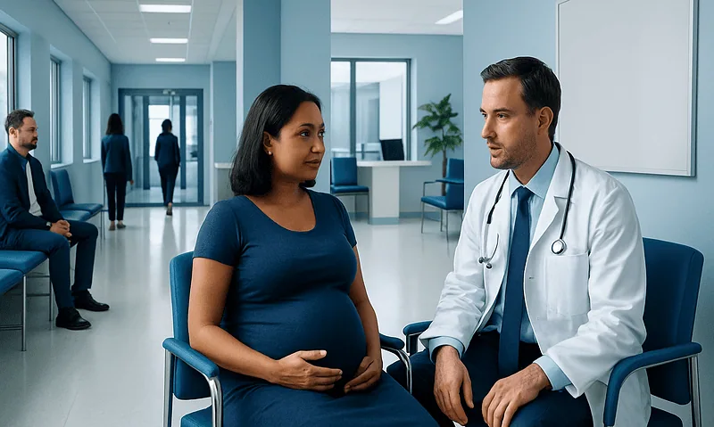 Pregnant woman consulting with a doctor in a hospital corridor.