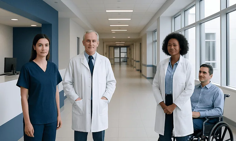 Diverse medical team in hospital corridor with large windows.