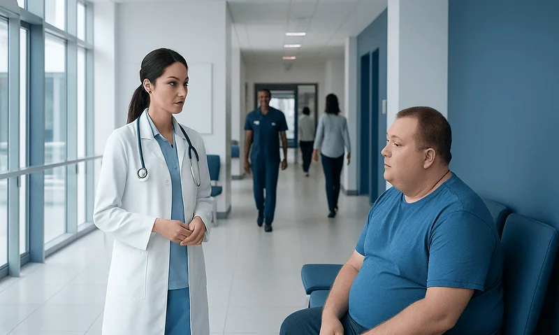 Doctor consulting a patient in a hospital corridor for stomach bypass surgery.