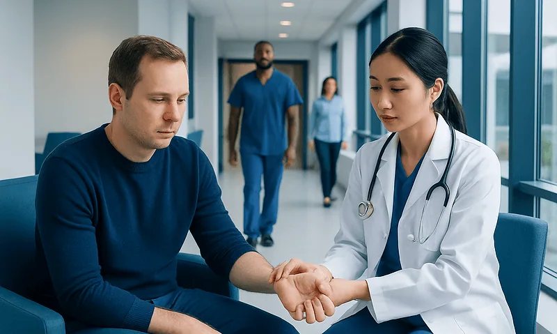 Doctor examining patient's wrist in a hospital corridor.