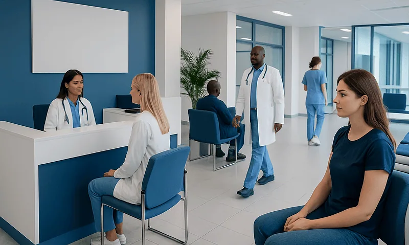 Patients waiting in a hospital reception area with medical staff present.