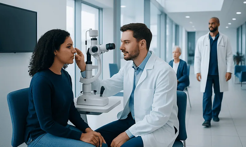 Optometrist performs eye exam using slit lamp at Acibadem Hospital.