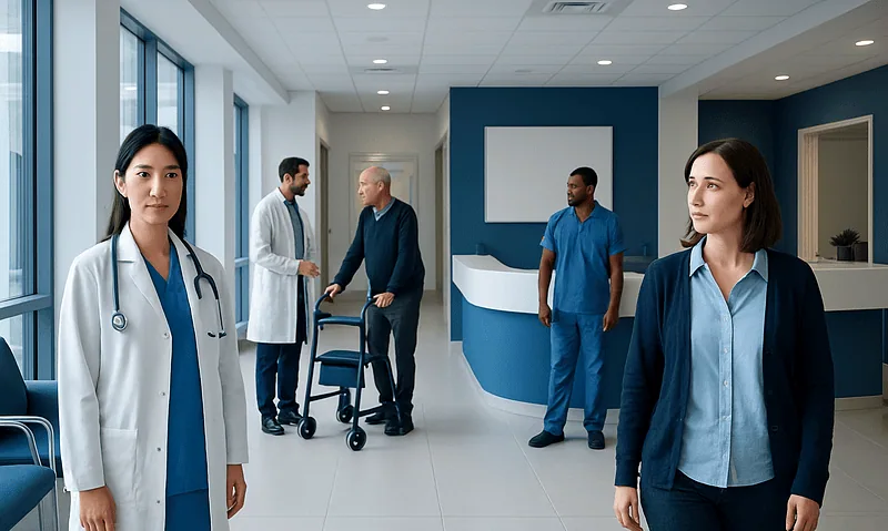 Medical staff and patients in a modern hospital corridor at Acibadem Hospitals Group.