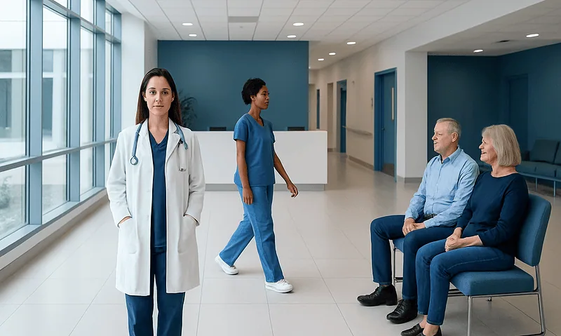 Healthcare professionals and patients in a modern hospital corridor.