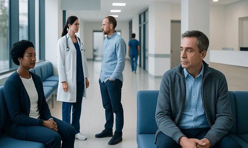 Patients waiting in a hospital corridor with medical staff nearby.