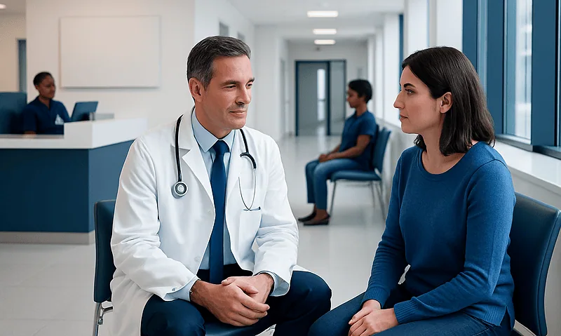 Digestive Health Checkup: Which Tests May Be Recommended and Why 14 Doctor consulting with a patient in a hospital corridor.