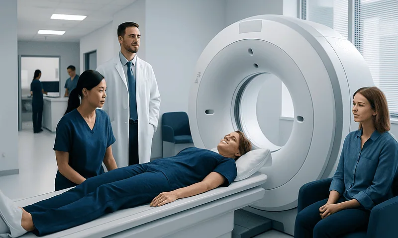 Patient undergoing a digital PET scan in a modern medical facility.