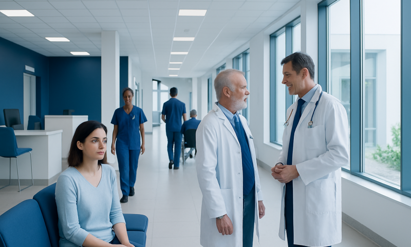 Medical team discussing patient care in hospital corridor.