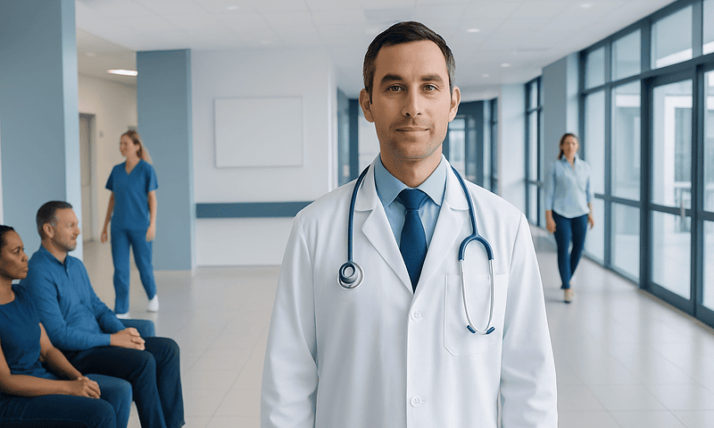 What Is a Do Doctor? Here Is What the Evidence Says 15 Doctor in hospital corridor with patients and staff in background.