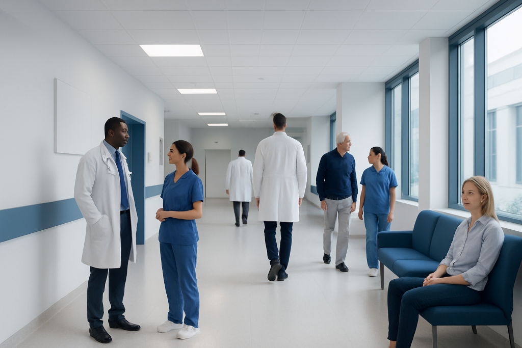 What Is a Drop Set? Causes, Explanations, and Next Steps 1 Healthcare professionals and patients in a modern hospital corridor.