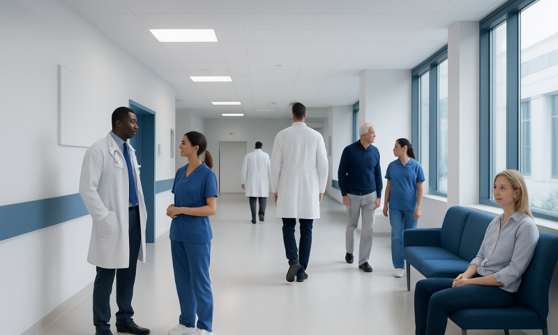 Healthcare professionals and patients in a modern hospital corridor.