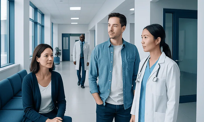 Medical consultation in a modern hospital corridor with doctor and patients.