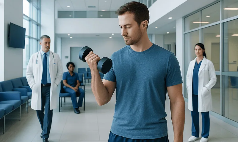 Young man lifting a dumbbell in a hospital corridor with medical staff nearby.