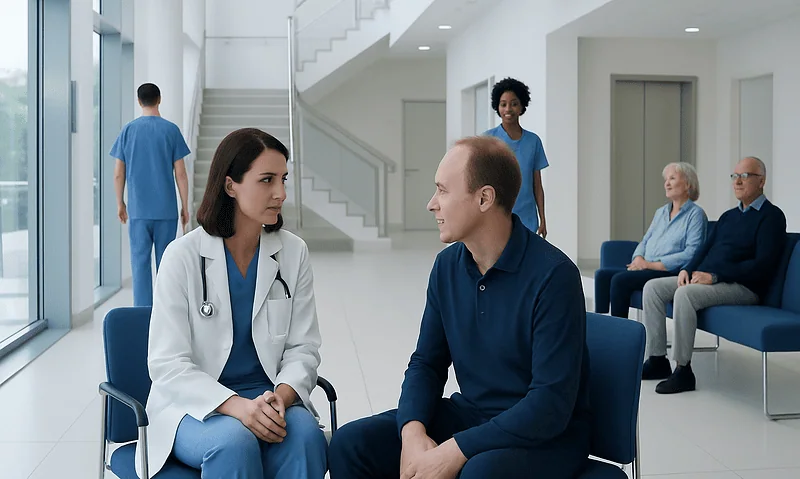 Doctor consulting with patient in modern hospital lobby.