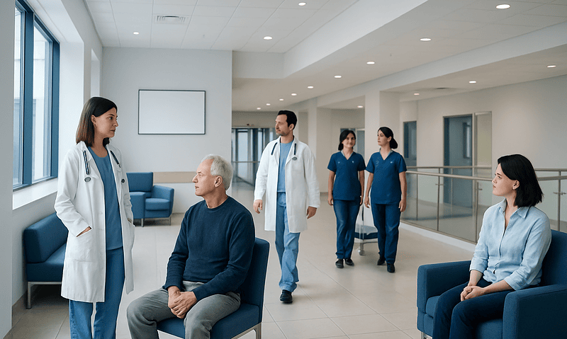 Medical team consulting with patient in hospital corridor.