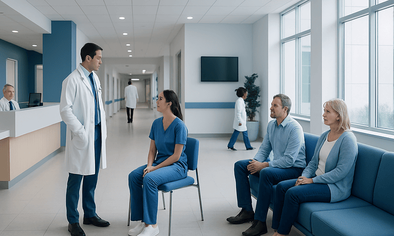 Doctor consulting with patients in a modern hospital waiting area.