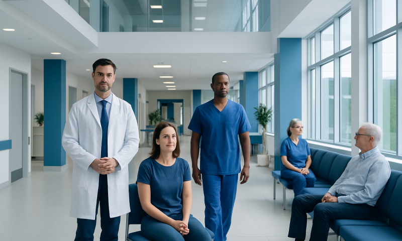 Medical team with doctors and nurses in hospital corridor.