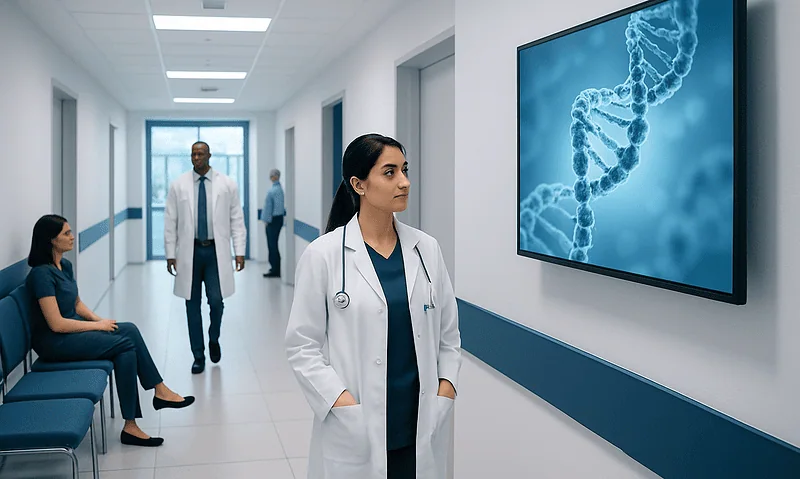 Medical professionals in a hospital corridor with DNA imagery on screen.