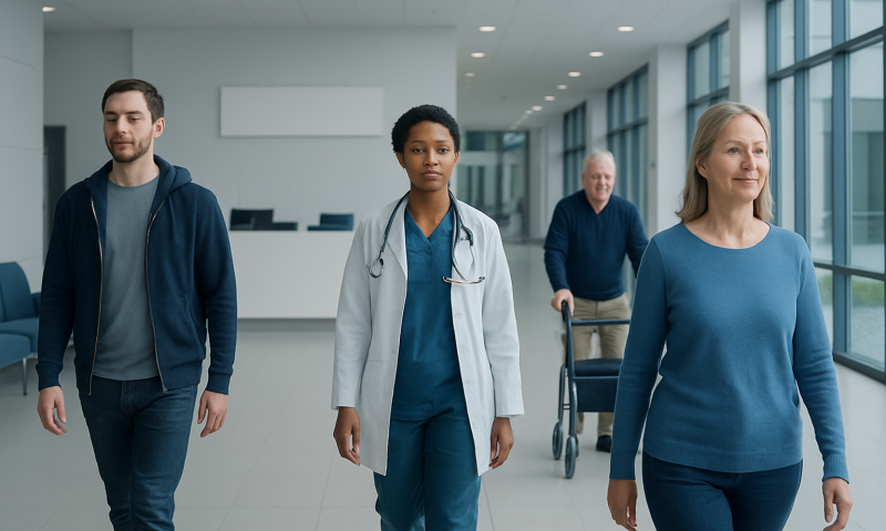 Diverse group of patients and healthcare professional walking in hospital corridor.