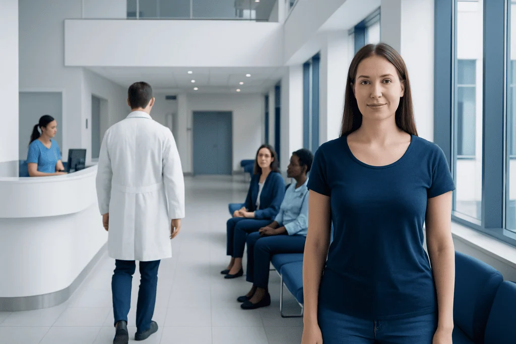 Healthy BMI for Women: A Complete Medical Overview 1 Young woman waiting in a hospital corridor with medical staff and patients.