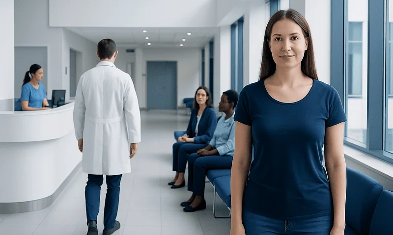 Young woman waiting in a hospital corridor with medical staff and patients.