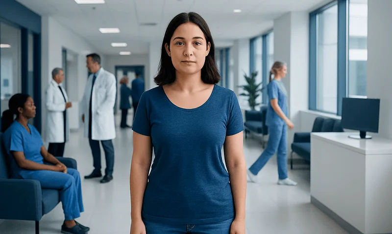 Young woman in a hospital waiting area with medical staff in background.