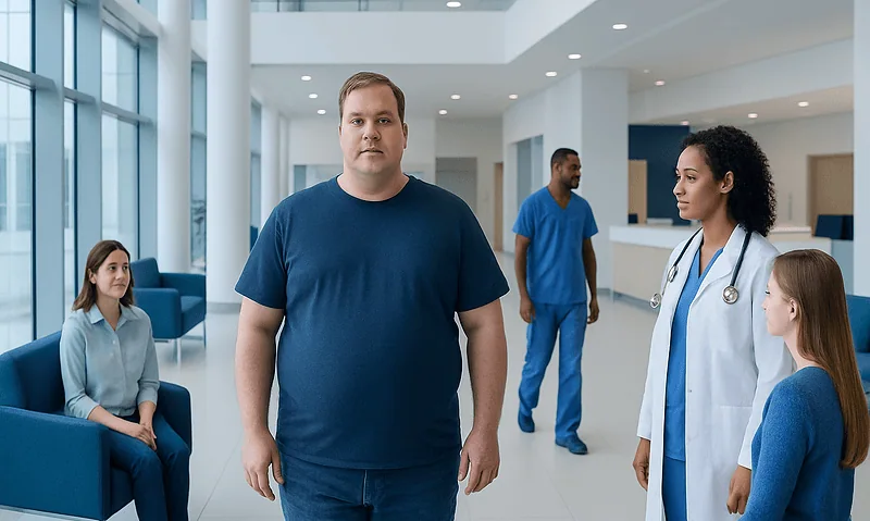 Patient waiting in hospital lobby with medical staff nearby.