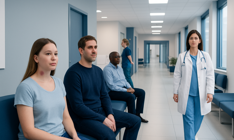 Patients waiting in a hospital corridor with a healthcare professional present.