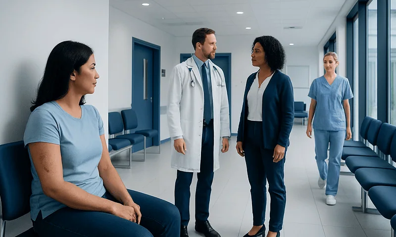 Medical consultation in a modern hospital corridor with patients and staff.