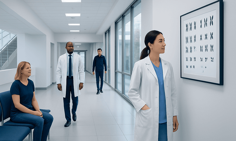 Medical professionals examining a karyotype chart in a hospital corridor.