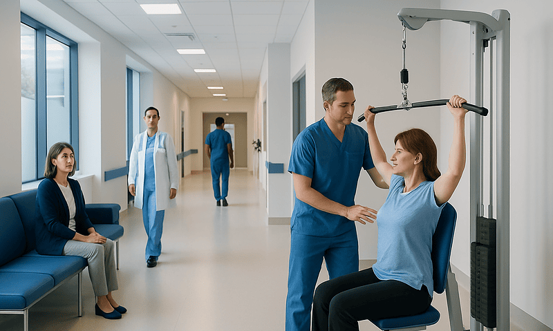 Patient doing shoulder exercise with therapist in hospital corridor.