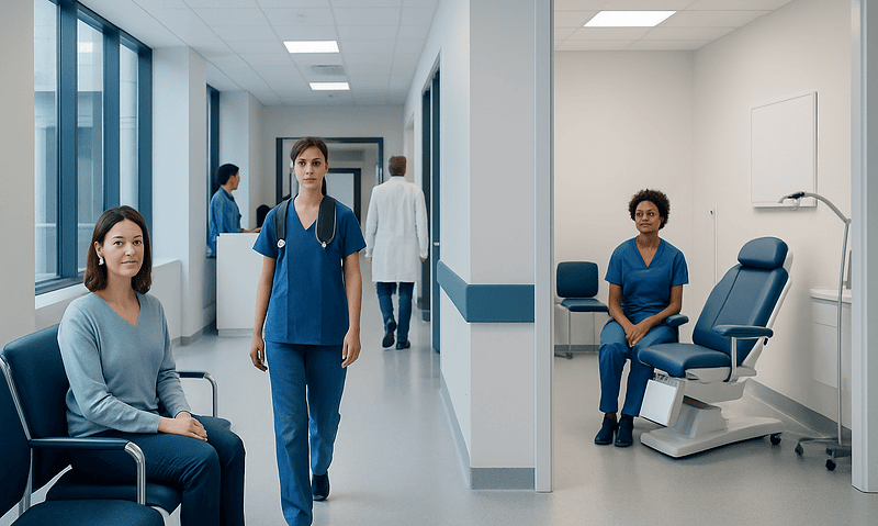 Medical staff and patients in a modern hospital corridor and examination room.