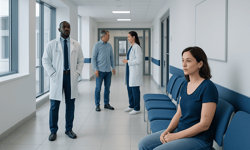 Patient waiting in hospital corridor with medical staff nearby.