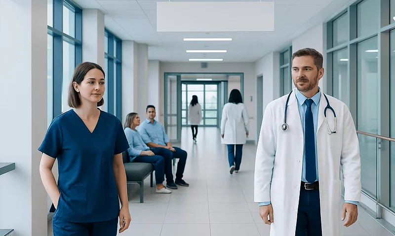 Healthcare professionals and patients in a modern hospital corridor.