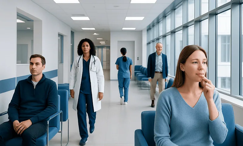 Patients waiting in a modern hospital corridor with medical staff nearby.