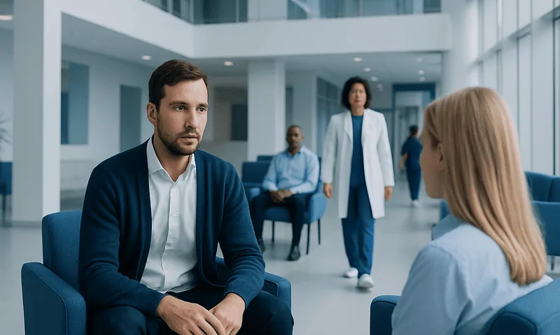Mental health professional consultation in a modern hospital setting.
