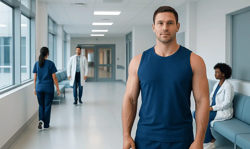 Healthy man in sportswear standing in hospital corridor with medical staff in background.