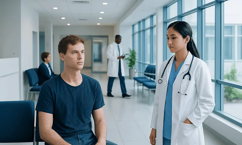 Doctor consulting a young male patient in a hospital corridor.