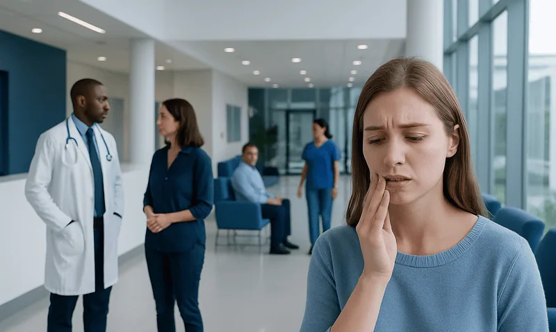 Young woman with mouth pain in hospital waiting area.