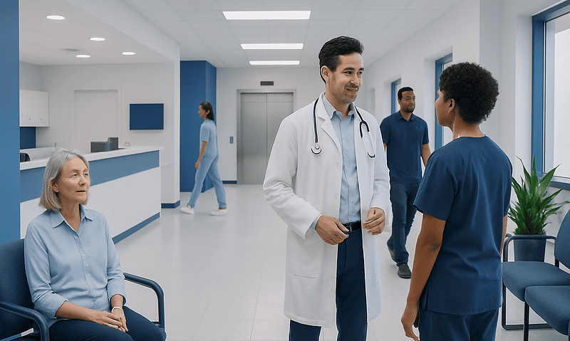 Doctor talking to nurse in hospital corridor with patient waiting nearby.
