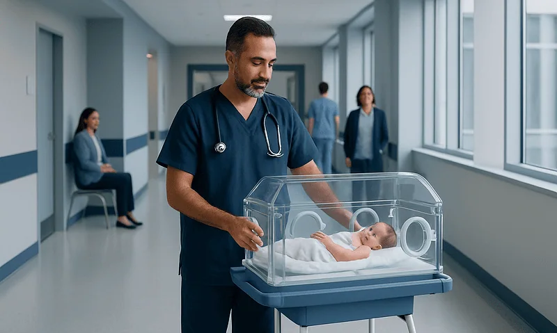 Neonatologist examining a newborn in a hospital incubator at Acibadem Hospitals.