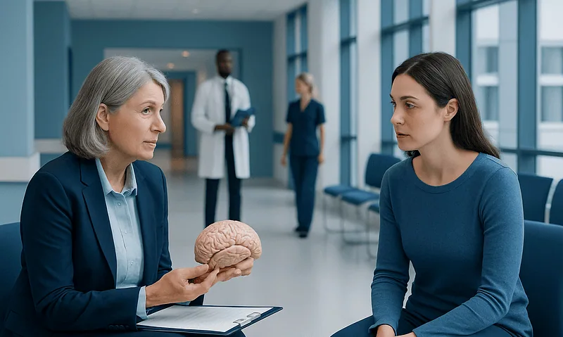 Doctor explaining brain health to a patient in a hospital corridor.