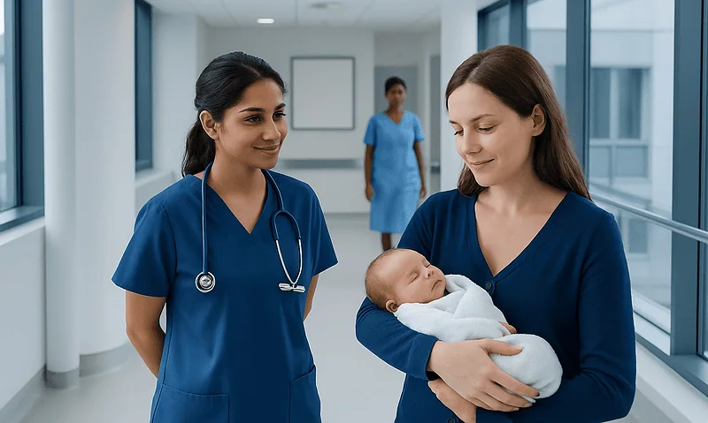 Mother holding newborn in hospital corridor with nurse nearby.