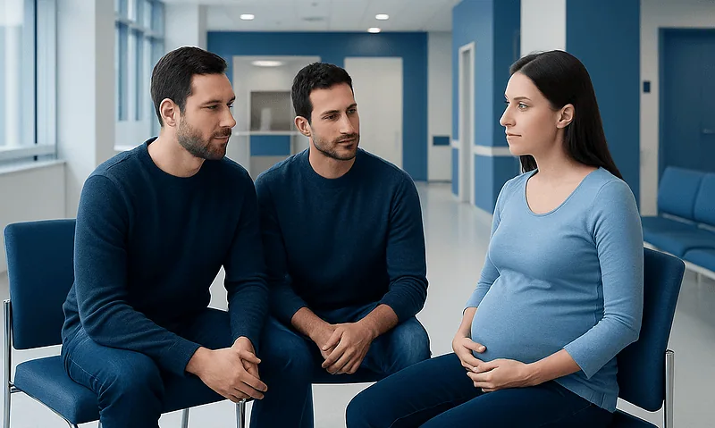 Pregnant woman consulting with doctors in a hospital corridor.