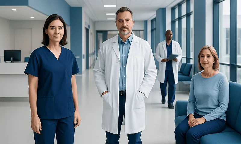 Medical team in hospital corridor with doctor and nurses.