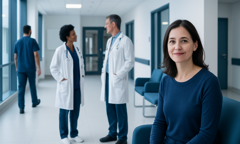 Healthcare professionals and a patient in a hospital corridor.