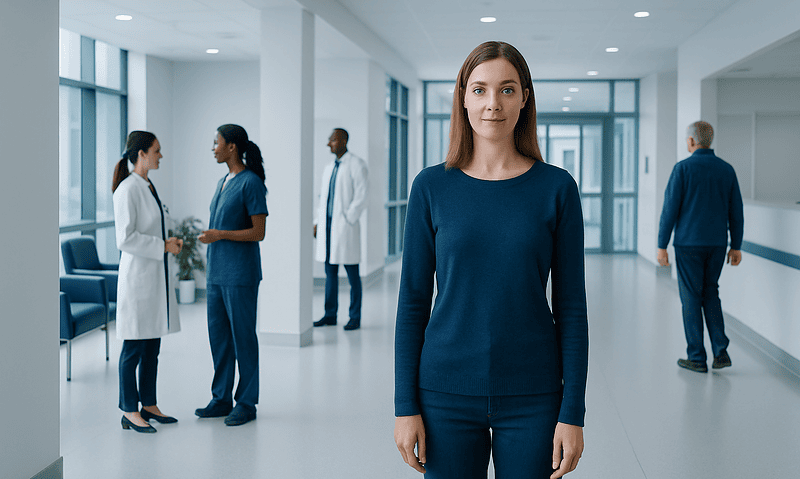 Female healthcare professional in hospital corridor with colleagues in background.